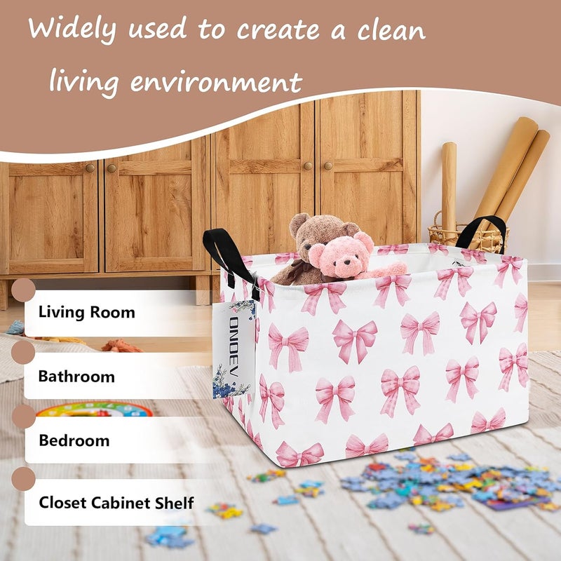 ONOEV Rectangular Kids Laundry Basket Girls' Waterproof Storage Bins Pink Gift Basket Suitable For Home Decoration Office and Toy Storage(Pink Knot) - Image 3